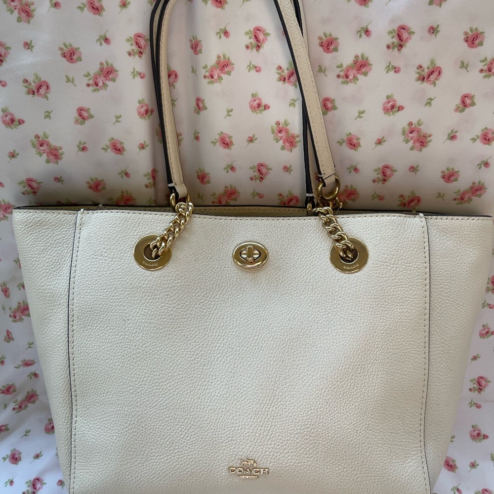 Coach Cream Tote with Gold Chain Details